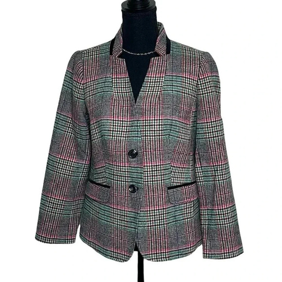 Talbots Shetland Aberdeen plaid green pink‎ black white plaid blazer size 8P - Picture 1 of 9